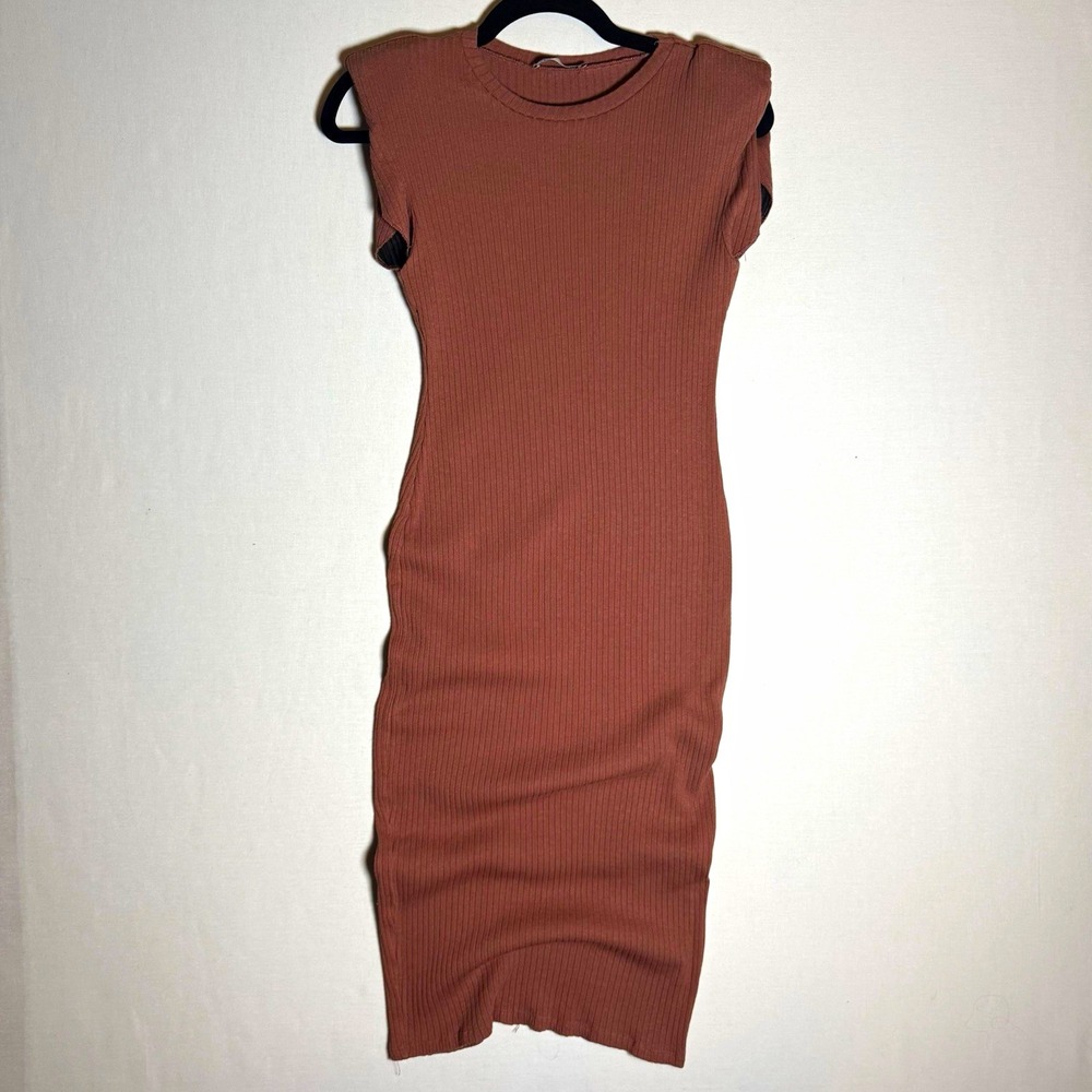 Zara Brown Ribbed Knit Sleeveless Bodycon Midi Dress Off-Duty Model Med